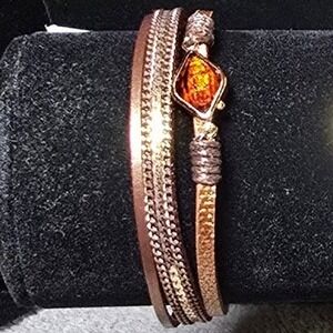 NEW Boho Stackable Bracelets Wrap Leather Flower Bead Arm Candy amber neutral